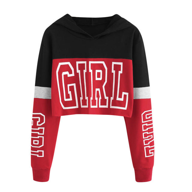 Women's Patchwork Cropped Hoodie | Letter Print Sweatshirt