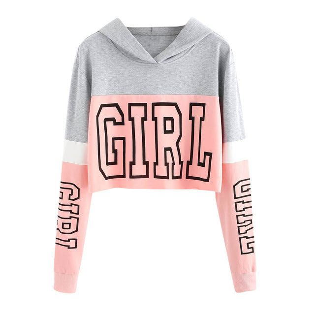 Women's Patchwork Cropped Hoodie | Letter Print Sweatshirt