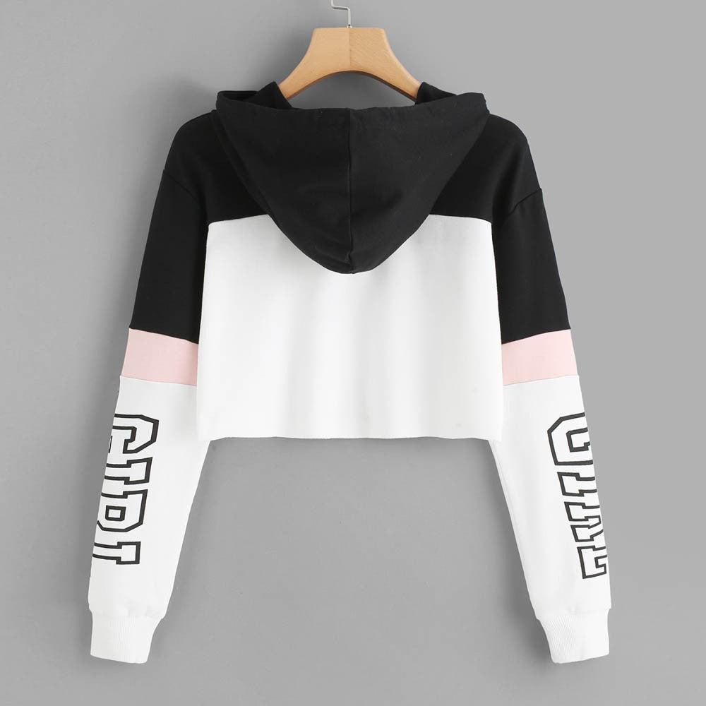Women's Patchwork Cropped Hoodie | Letter Print Sweatshirt