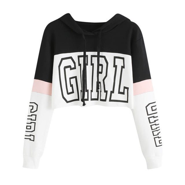 Women's Patchwork Cropped Hoodie | Letter Print Sweatshirt