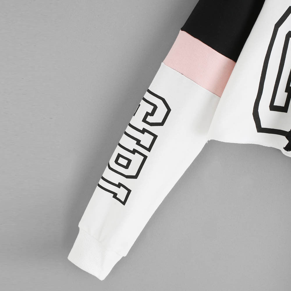 Women's Patchwork Cropped Hoodie | Letter Print Sweatshirt