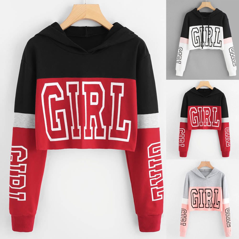 Women's Patchwork Cropped Hoodie | Letter Print Sweatshirt